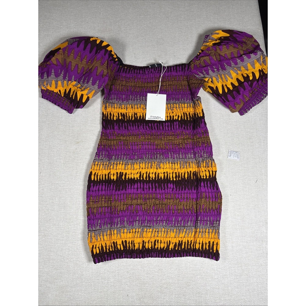 Tribalbyn Uyo Purple Yellow Dress Size M with Matching Face Mask New NWT